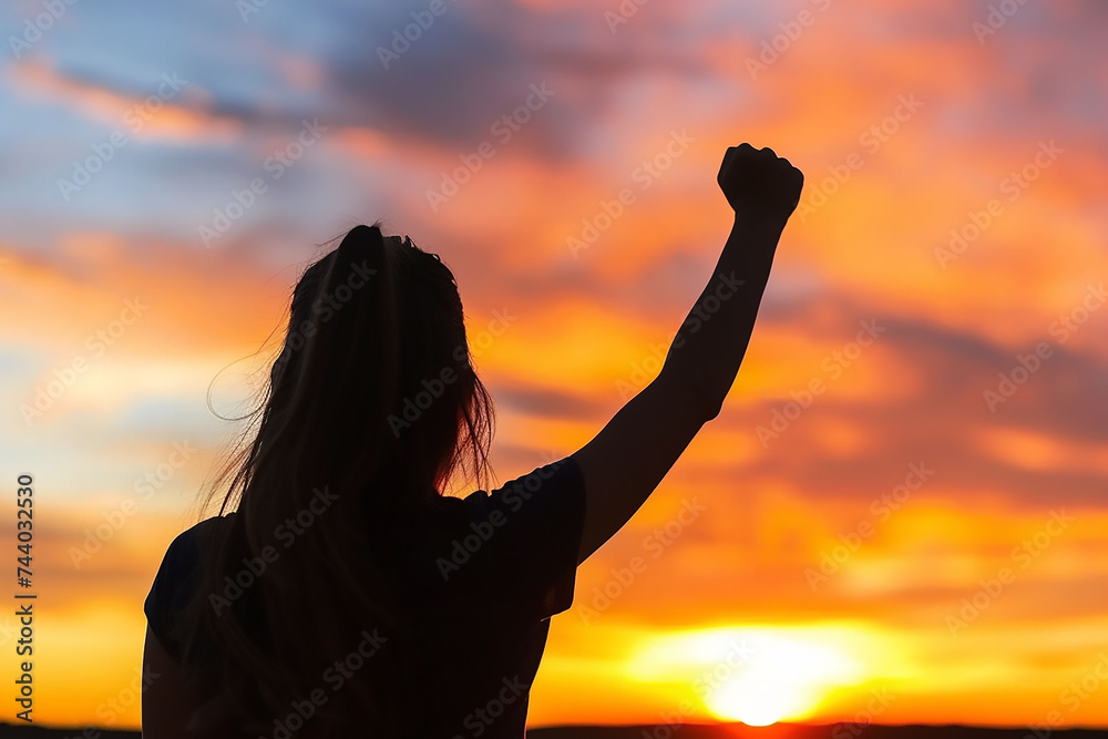 Raised fist woman silhouette with a warm light sunny in the background