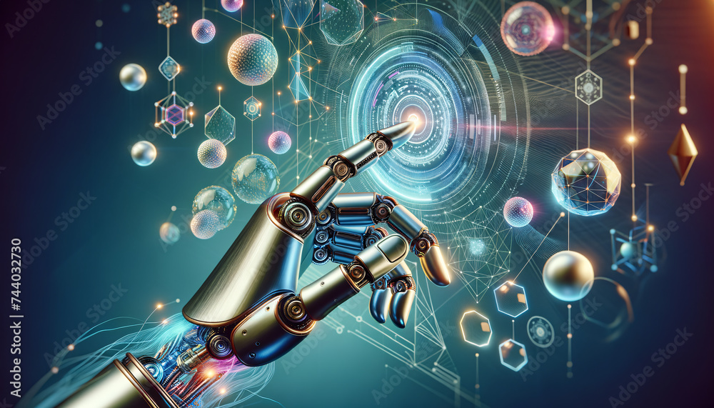Fototapeta premium Futuristic robotic hand creating holographic design interface with geometric shapes and serene backdrop.