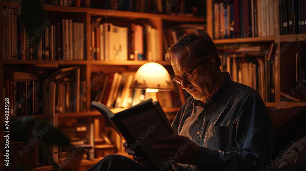 Senior Man Reading in Home Library, Warm Sunset Light, Peaceful Retirement Lifestyle, Intellectual Elder Enjoying Literature, Cozy Reading Nook Senior Man Reading in Home Library, Warm Sunset Light, Peaceful Retirement Lifestyle, Intellectual Elder Enjoying Literature, Cozy Reading Nook