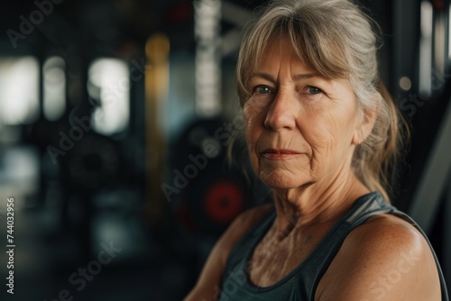 An overweight mature middle aged woman stands with her back in the gym preparing to play sports, the concept of an active life in old age, taking care of the body