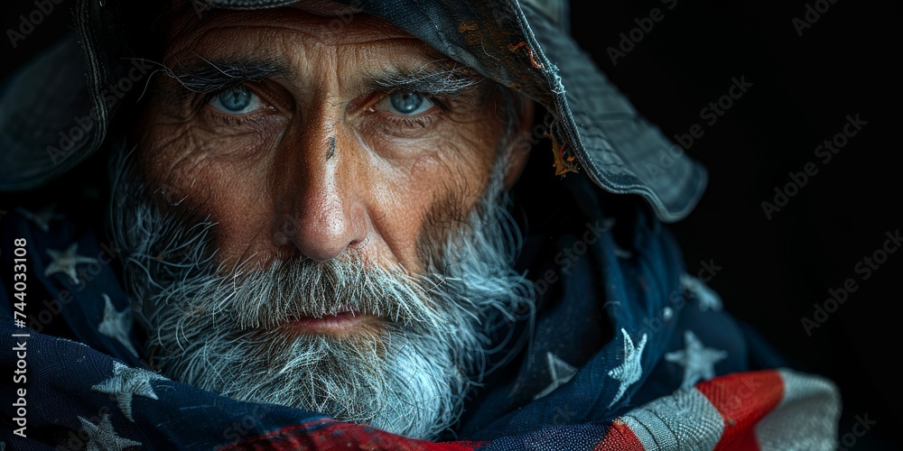 A rugged man with a beard and hood stands in contemplation, his weathered face marked with wrinkles and a thick moustache, exuding a sense of mystery and strength