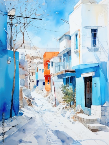 A painting depicting a city street lined with blue buildings under a clear sky, capturing the urban scene with a unique color palette. © pham