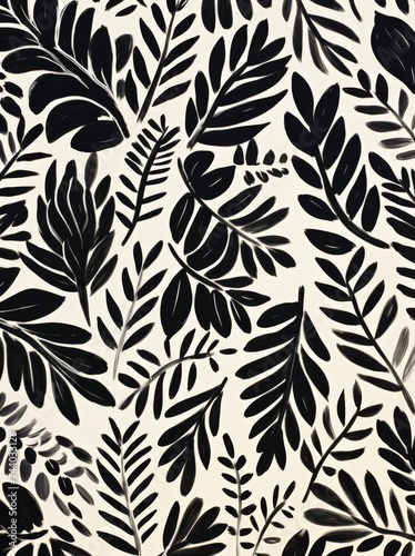 Black and white wallpaper featuring a repeated pattern of delicate leaves creating a modern and minimalist aesthetic for interior design.