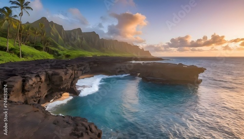 beautiful scenery of rock formations by the sea at queens bath, kauai, hawaii at sunset