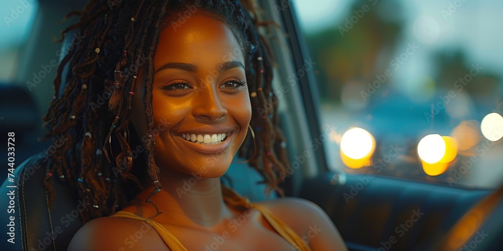 A joyous woman with beautiful dreadlocks smiles radiantly while sitting in a car, her vibrant lips complementing the picturesque outdoor scenery