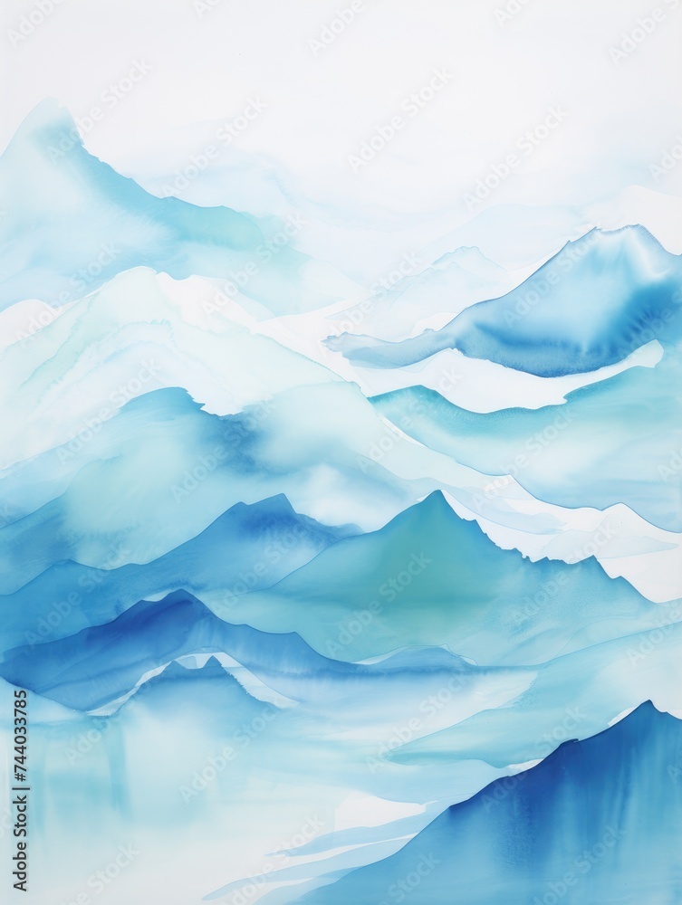 A painting featuring a towering mountain range depicted in shades of blue and white, showcasing the grandeur and beauty of nature.