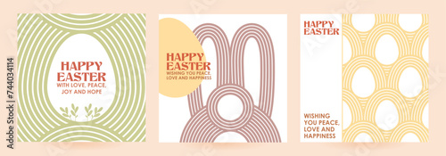 Collection of square greeting cards for Happy Easter. Set postcard retro groovy boho style. Arches and waves. Calligraphy, Easter eggs, rabbit. Vector illustration for social media