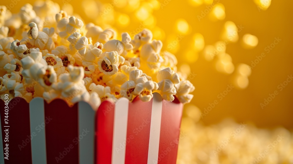 Cardboard box with red striped bowl of cheese cinema popcorn on red background with copy space Cardboard box with red striped bowl of cheese cinema popcorn on red background with copy space
