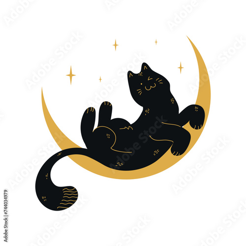 Funny black cat is lying on a crescent. Vector illustration