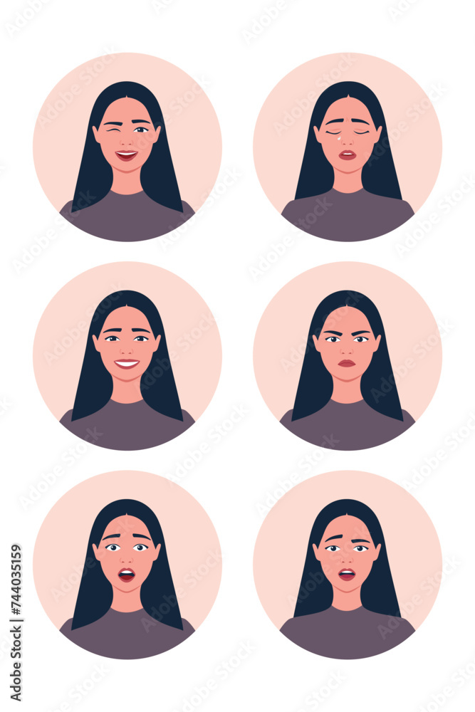Female with different facial expressions. Young woman is confusing, crying, smiling, scared, angry and laughing. Vector illustration Female with different facial expressions. Young woman is confusing, crying, smiling, scared, angry and laughing. Vector illustration