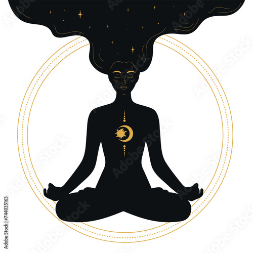 Woman sitting in lotus pose and meditating in golden circle. Celestial and magical art. Vector illustration