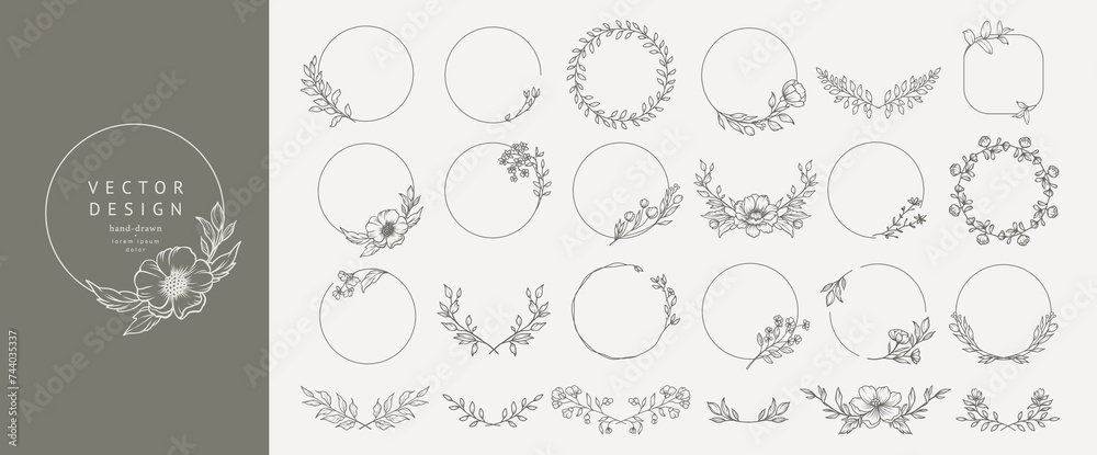 Elegant minimal style floral circle frame. Hand drawn botanical round borders and wreaths with branches, leaves and flowers in line art. Vector isolated set for wedding invitation, card, logo design - obrazy, fototapety, plakaty 