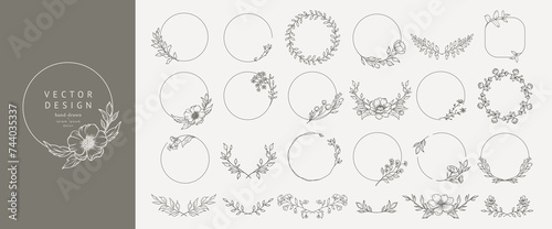 Elegant minimal style floral circle frame. Hand drawn botanical round borders and wreaths with branches, leaves and flowers in line art. Vector isolated set for wedding invitation, card, logo design photo