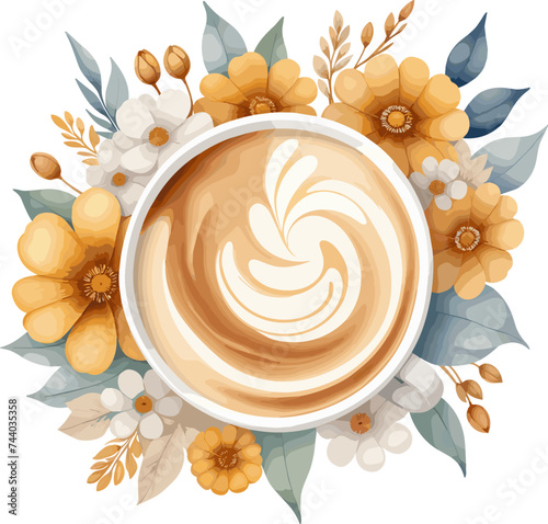Water color leaf latte art coffee cup decorated with yellow flowers isolated illustration on transparent background svg, watercolor design element for food, drink and coffee shop
