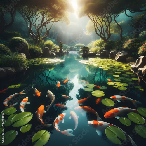 Japanese garden serene koi orange white fish swimming on water stone rock tranquil pond beside with lily pads sunset time nature colorful vibrant green style background tree flower quiet calm place photo