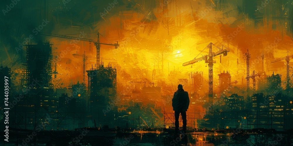 A lone figure gazes up at the towering skyscraper, framed by the industrial cranes in the bustling cityscape, a poignant representation of the evolving urban landscape and the beauty found in its art