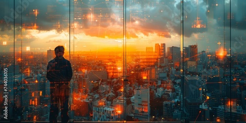 As the sun sets over the bustling city, a lone figure gazes out from a towering skyscraper, lost in thought among the swirling clouds and endless buildings of the urban landscape photo