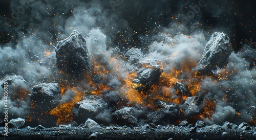 Amidst the peaceful beauty of nature, a fiery explosion of pollution and smoke consumes a pile of rocks, destroying the balance of the outdoor world