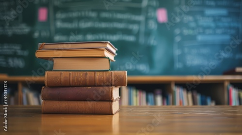 Close-up of a stack of school textbooks books on a wooden table against the background of a blurred educational chalkboard in classroom. Concept of back to school, learning, school times, banner with  © Sunny