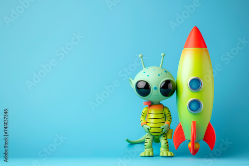 Green toy alien standing next to a toy rocket on a blue background, free space for text