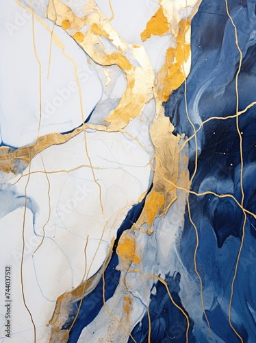 An abstract painting featuring shimmering gold and deep blue paint, creating a striking contrast and visual interest in the artwork. © pham