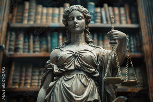 Statue of Justice on library background. Legal and law concept. ai generated