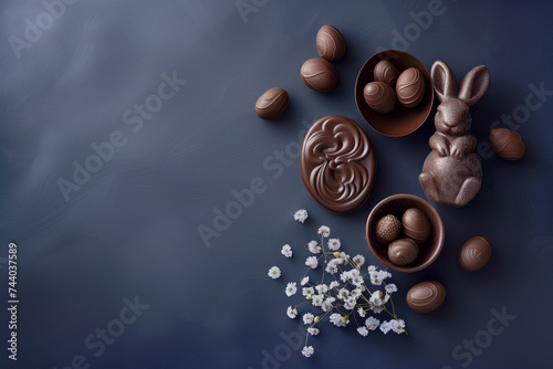 Flat lay of chocolate Easter treats with a bunny on a navy background, top view