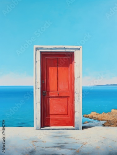 A painting showcasing a bright red door standing in front of the crashing ocean waves, blending architecture with nature. © pham