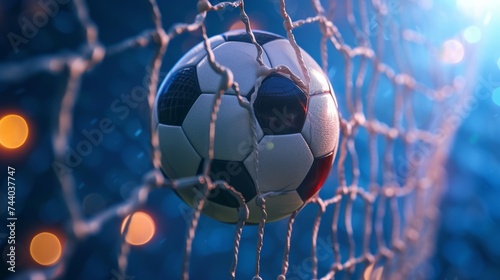 Soccer ball breaks the soccer net with copyspace for text