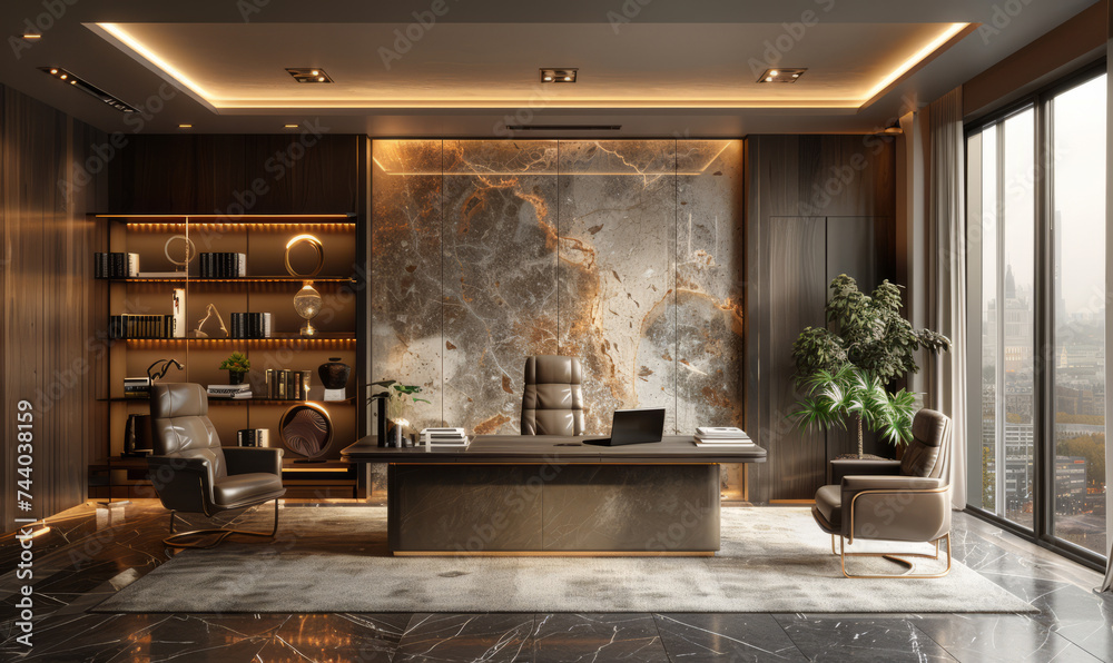 Luxury office interior with marble wall wooden floor bookcase and marble table. brown armchair. 3d rendering mock up Luxury office interior with marble wall wooden floor bookcase and marble table. brown armchair. 3d rendering mock up