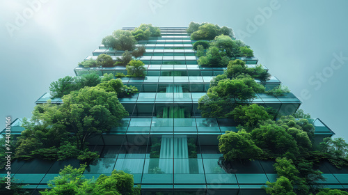 eco friendly skyscraper with vertical garden facade against a cloudy sky