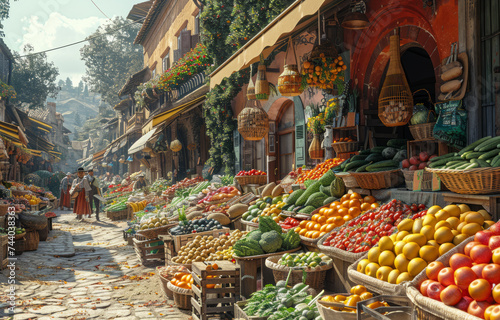 Fruits and vegetables at farmers market in old town in Europe