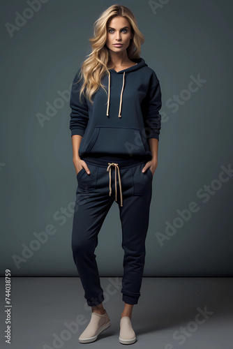 Blond long hair woman in a teal blue casual travel outfit of sweatpants joggers and a hoodie top. White slip-on sneakers. Neutral grey-blue Background. AI photo