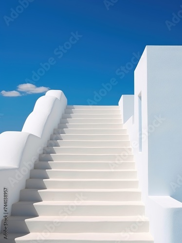 A set of white stairs ascending towards a bright blue sky, creating a striking contrast between the man-made structure and the natural backdrop. © pham