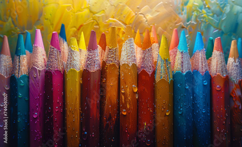 Colored pencils are lined up in row with water drops on colored background
