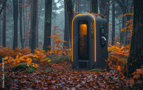 Black and orange portable toilet is standing in forest.