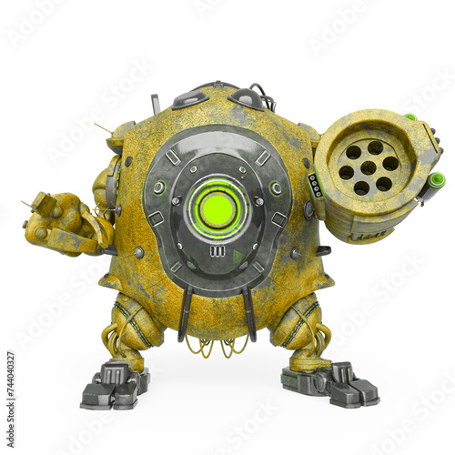 heavy metal mech ball is saying hey you there on white background