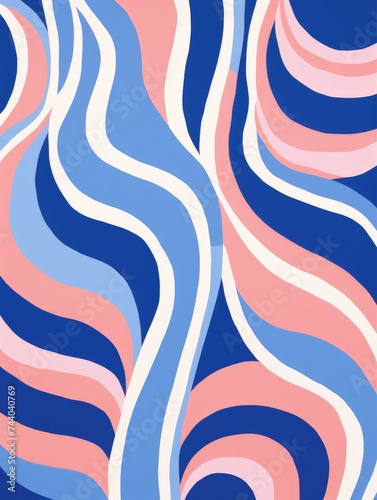 An abstract painting featuring wavy lines in shades of blue and pink.