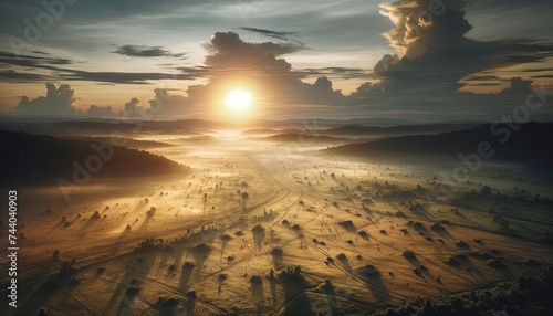 An aerial view of a serene landscape where traces of a recent battle are evident, but no active fighting is occurring. The setting sun illuminates the remnants of the battle. AI Generated photo