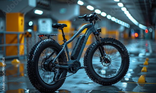 Electric mountain bike standing in the garage with yellow cones photo