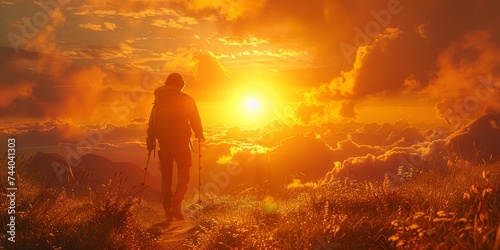 A lone figure treks through the rugged mountain landscape, illuminated by the fiery hues of a blazing sunset, their poles cutting through the heat of the backlit clouds above