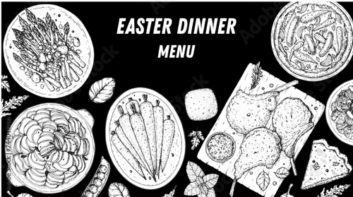 Easter food hand drawn sketch. Vector illustration. Festive table with Easter food. Engraved illustration. Menu set.