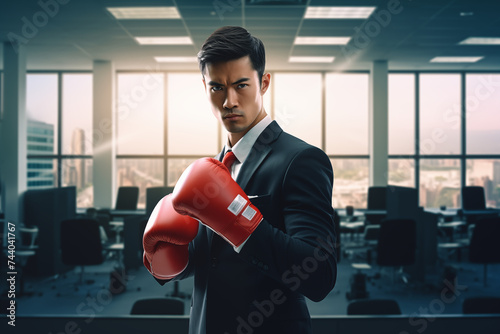 An Asian businessman in a dark business suit and red tie and red boxing gloves against the background of an office with computers. Illustration of struggle and aggression in business