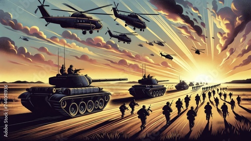 An illustration of a wartime scene with tanks and soldiers on a flat landscape, with hovering helicopters casting shadows during sunset. AI Generated