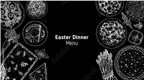 Easter food hand drawn sketch. Vector illustration. Festive table with Easter food. Engraved illustration. Menu set.
