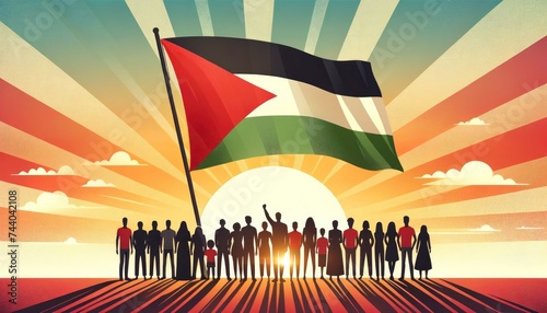 An illustration showing diverse people standing side by side, holding the flag of Palestine against a backdrop of a setting sun. AI Generated