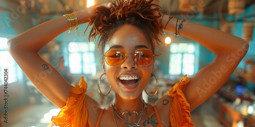 A stylish woman exudes confidence and joy as she playfully dances, her bright orange sunglasses and trendy necklace adding a pop of personality to her fashionable ensemble © Larisa AI
