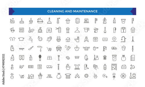 Set of Cleaning and Maintenance outline icons related to housework, housekeeping. Linear icon collection.