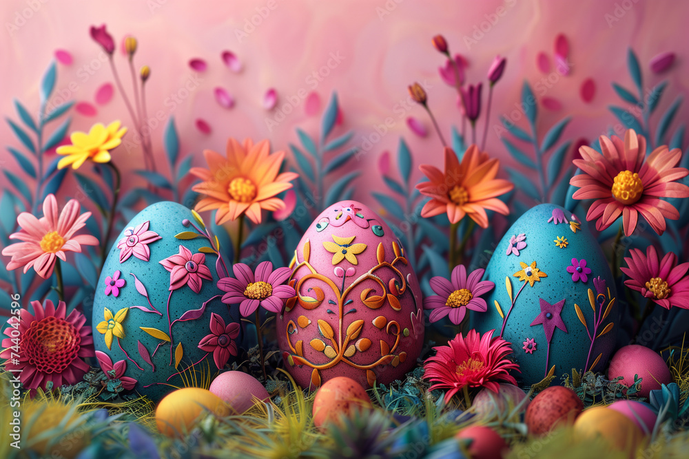 Vibrant Nowruz eggs background, celebrating the Persian New Year with a burst of colorful traditions - obrazy, fototapety, plakaty 