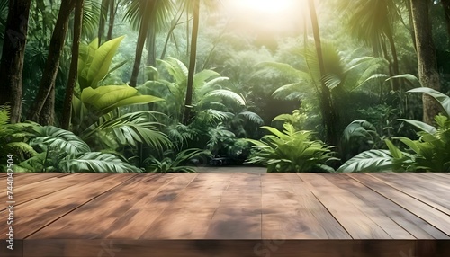 Photo 3d wooden table with a tropical forest or garden background for product placement © Zulfi_Art